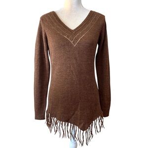 Peruvian Connection Pointelle Fringe Alpaca Wool V-Neck Sweater